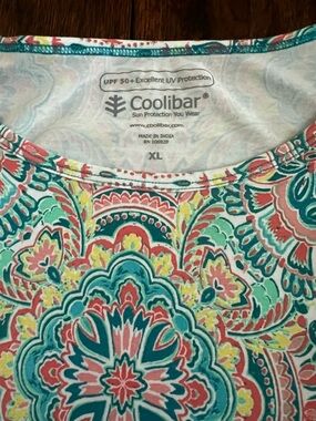 Coolibar UPF 50 Teal & Coral Long Sleeve Medallion Print Top